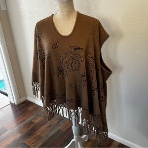 Brown Floral Fringe Poncho - Pia Rossini - One Size